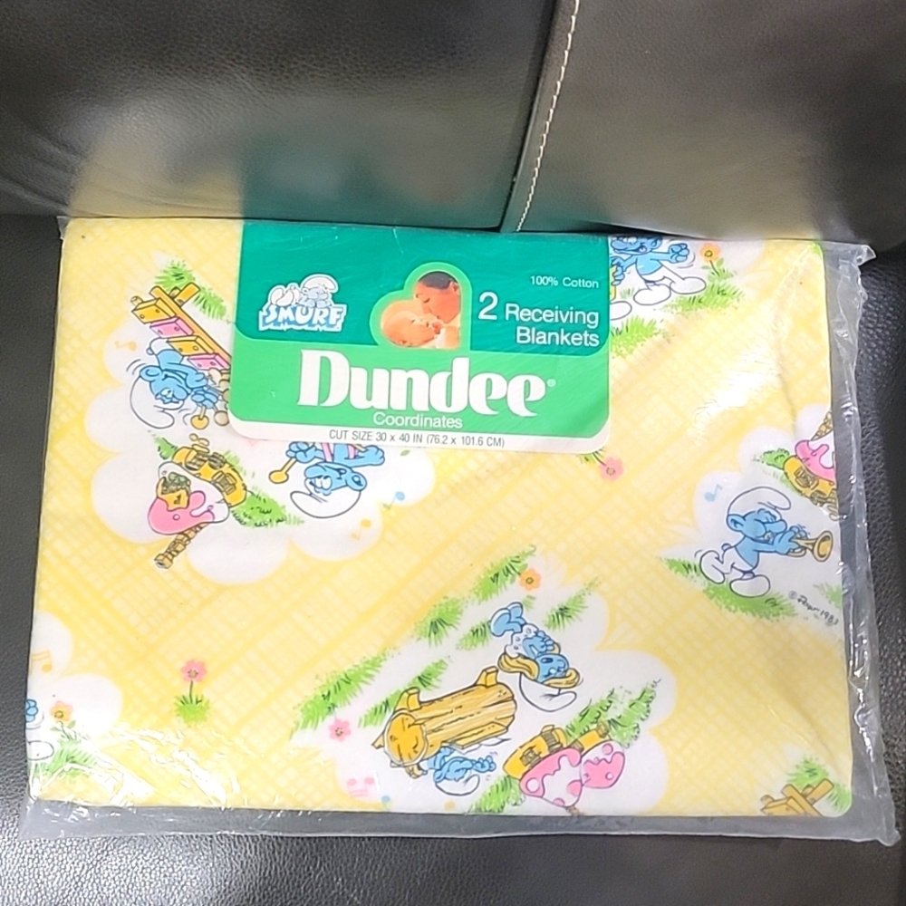 Vintage 80s Smurf Dundee Receiving Blanket Set of 2